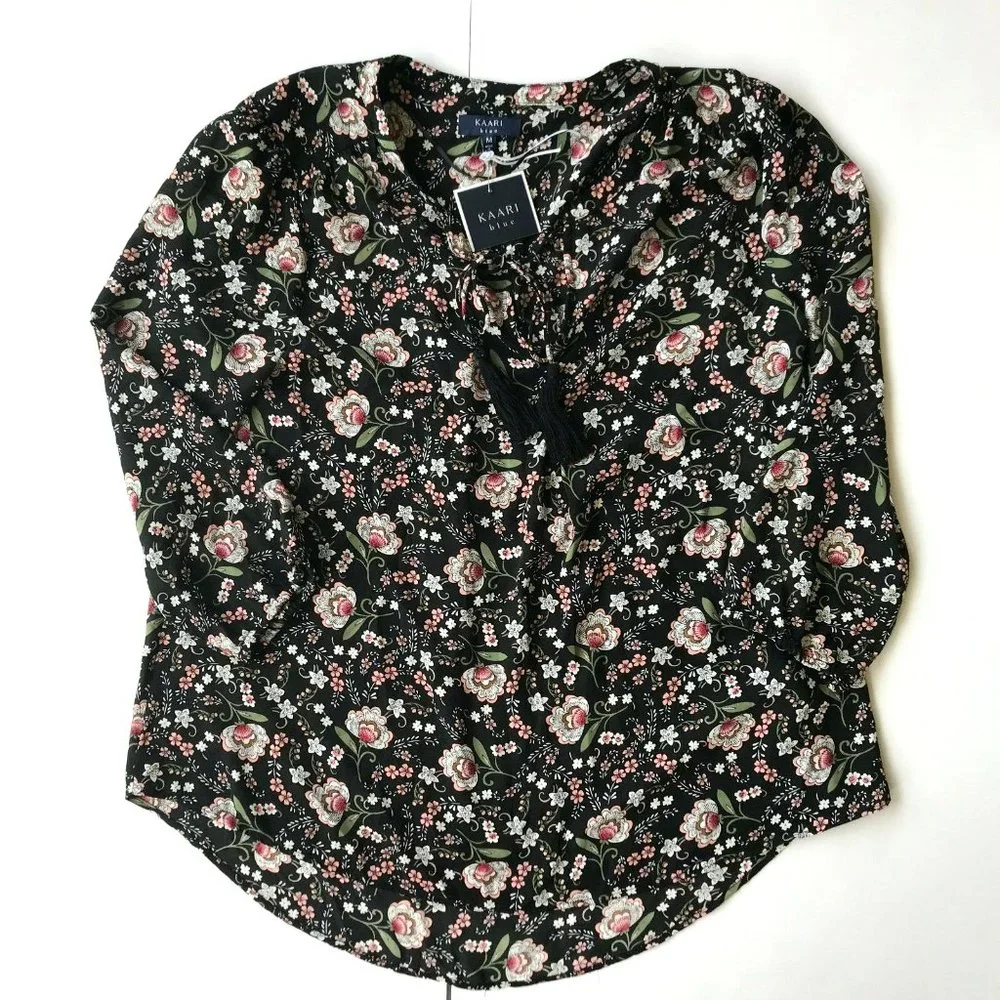 Kaari Blue Hi Low Floral Blouse Top Medium Everyday Essentials 3/4 Sleev… - Picture 6 of 12